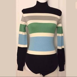 Escada Striped Mockneck Sweater Bodysuit in Black, Green, Blue, Gray & Cream